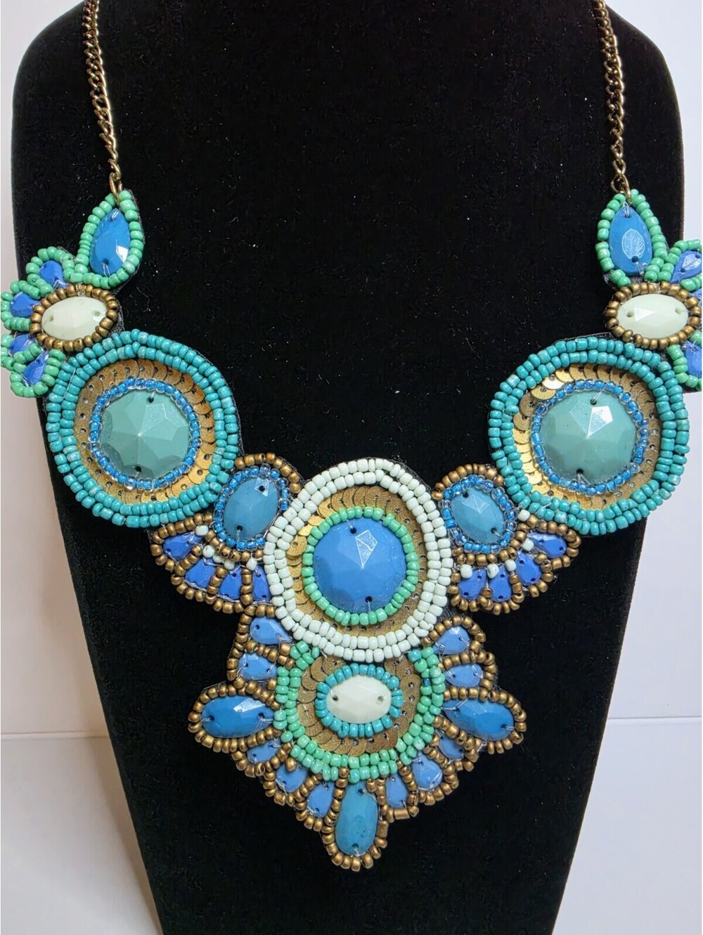 Turquoise Beaded Statement Bib Necklace Boho Festive Collar 19"